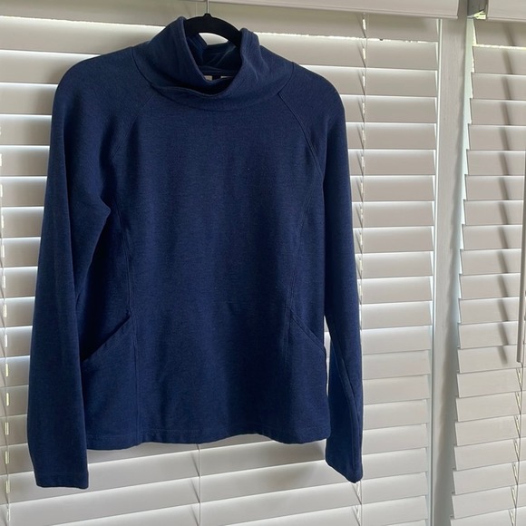 L.L. BEAN Navy Blue Fleece Criss Cross Mockneck Sweater Size Small - Picture 1 of 5